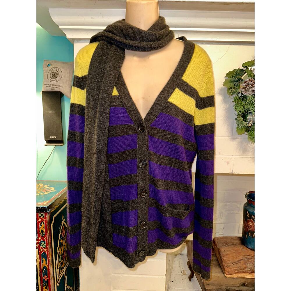 VINTAGE Y2K VKOO STRIPED CASHMERE CARDIGAN SWEATER W/ ATTACHED SCARF S
